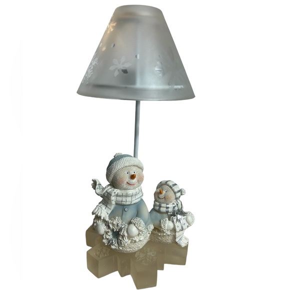 Snowmen Tea Light Votive Lamp Glass Snowflake Shade Blue White Christmas Vtg - Picture 1 of 8